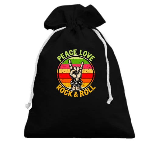Подарунковий мішечок з написом «PEACE, LOVE, ROCK & ROLL»