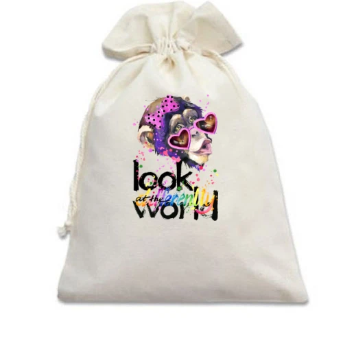 Подарочный мешочек с обезьяной "Look at the world differentty"