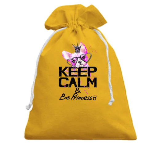 Подарочный мешочек, Желтый, с Бостон-терьером "Ceep calm & be princess"