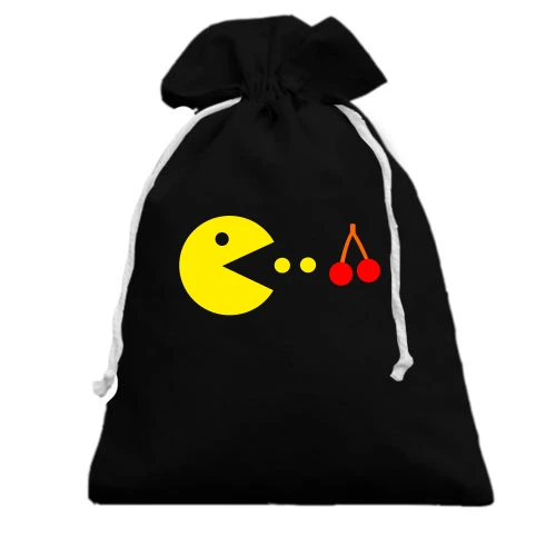Подарочный мешочек, Черный, Pacman с вишней