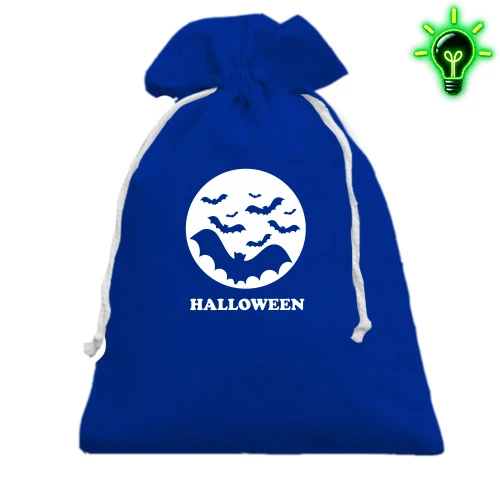 Подарочный мешочек с силуэтами летучих мышей в круге и надписью «HALLOWEEN»