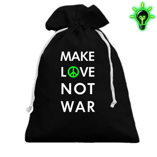Подарунковий мішечок із написом «Make Love, Not War» та зеленим символом пацифіка