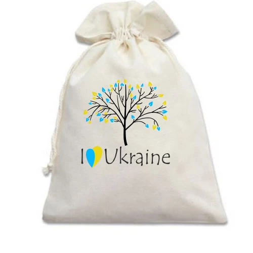 Подарочный мешочек, Белый, с деревом и надписью «I love Ukraine»