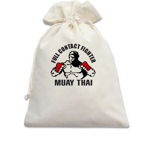 Подарочный мешочек, белый, Муай тай с бойцом и надписью «FULL CONTACT FIGHTER»