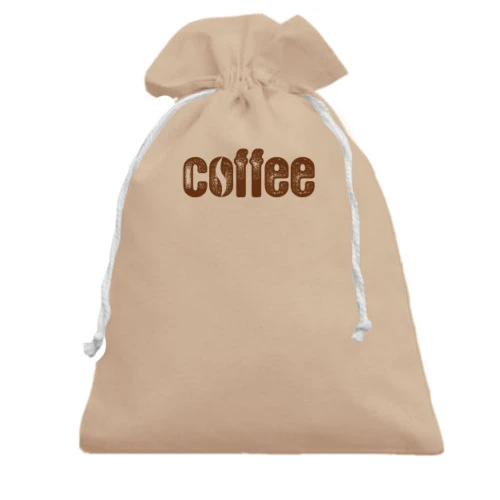 Подарунковий мішечок із коричневим написом «coffee», стилізованим під кавові зерна
