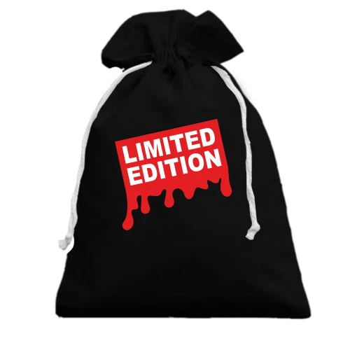 Подарунковий мішечок із написом «LIMITED EDITION» на тлі червоної плашки з ефектом фарби, що стікає