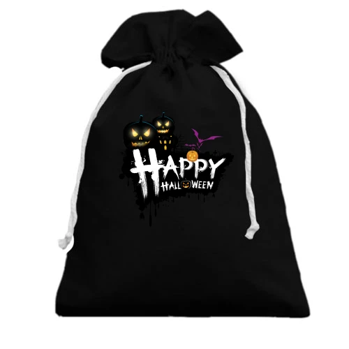 Подарочный мешочек с надписью «HAPPY HALLOWEEN» и черными светящимися тыквами