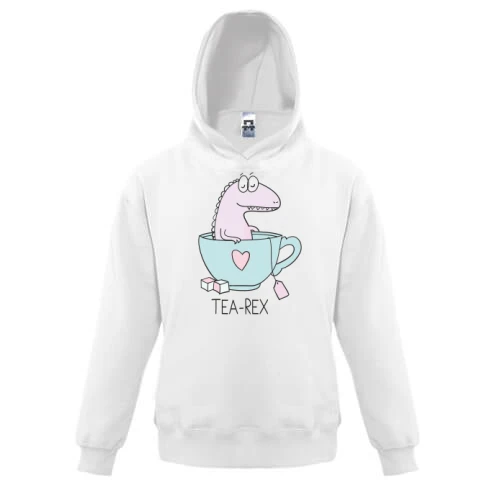 Детская толстовка, Белый, с надписью "Tea Rex" и динозавром в чашке