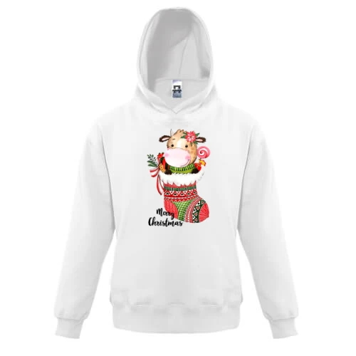 Детская толстовка, Белый, с бычком Merry Christmas