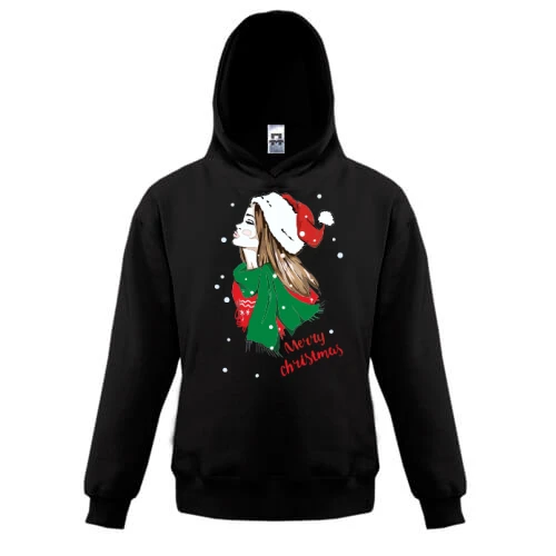 Детская толстовка, Черный, с девушкой Merry Christmas