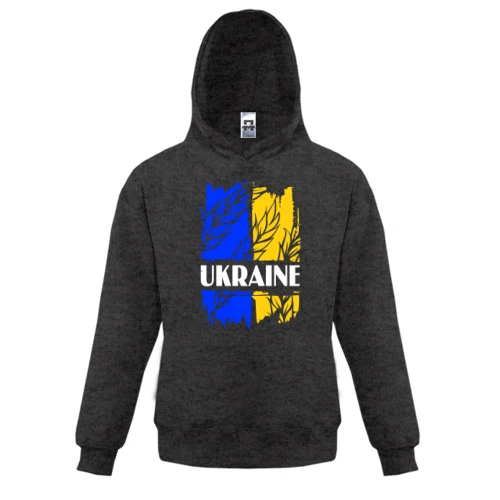 Детская толстовка, Серый, с надписью "Ukraine" на фоне флага