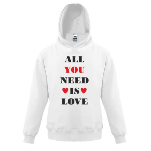 Дитяча толстовка, Білий, з написом «All you need is love» і сердечками