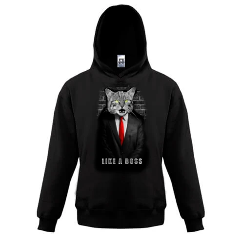 Детская толстовка, Черный, с котом в пиджаке "Like a Boss"