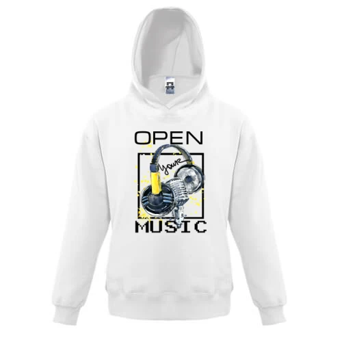 Детская толстовка с желтым принтом «Open your music»