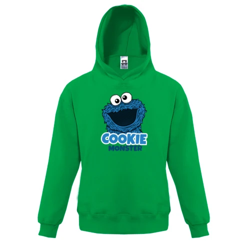 Детская толстовка, Зеленый, Cookie Monster с большой головой и надписью