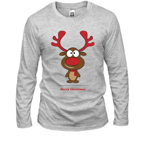 Чоловічий лонгслів, Сірий меланж, з оленем Merry Christmas