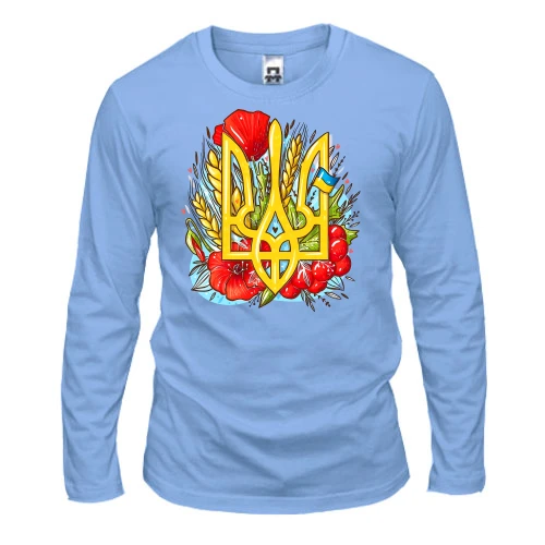 Чоловічий лонгслів, Синій, з гербом України (маки та калина)