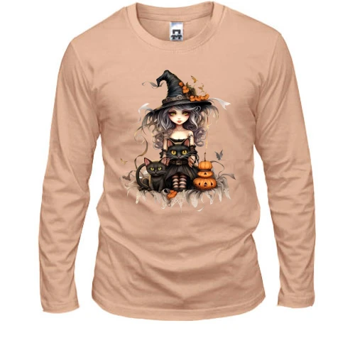 Мужской лонгслив с Halloween-ведьмой и котиком