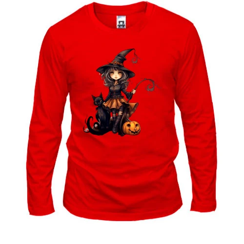 Мужской лонгслив с Halloween-ведьмой, котиком и улыбающейся тыквой