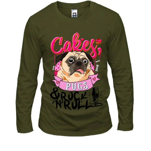 Чоловічий лонгслів, Чорний, Cakes Pugs & Rock`n`Roll