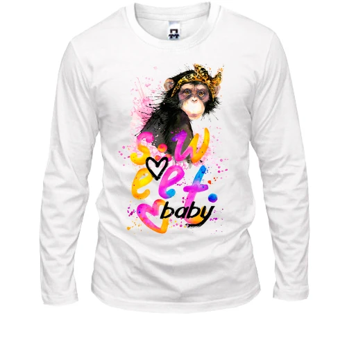 Мужской лонгслив, Белый, Sweet baby с обезьянкой
