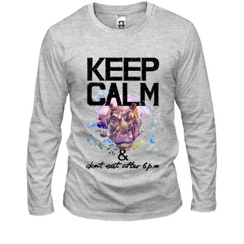 Мужской лонгслив, Серый меланж, с бегемотом Keep calm & dont eat after 6 pm
