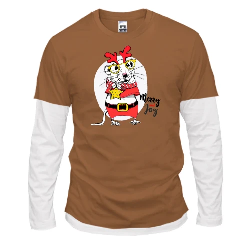 Мужской лонгслив Комби с новогодней крысой в костюме оленя и надписью «Merry and Joy»