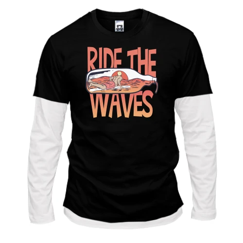 Мужской лонгслив Комби с изображением серфера в бутылке и надписью «RIDE THE WAVES»