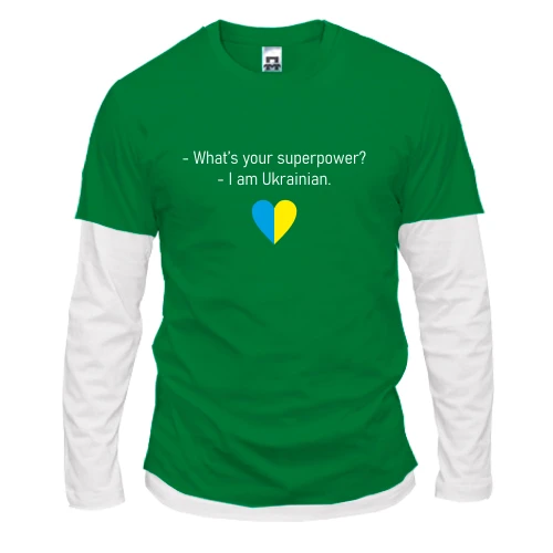 Мужской лонгслив Комби с английской надписью «What’s your superpower? I am Ukrainian» и сине-желтым сердцем
