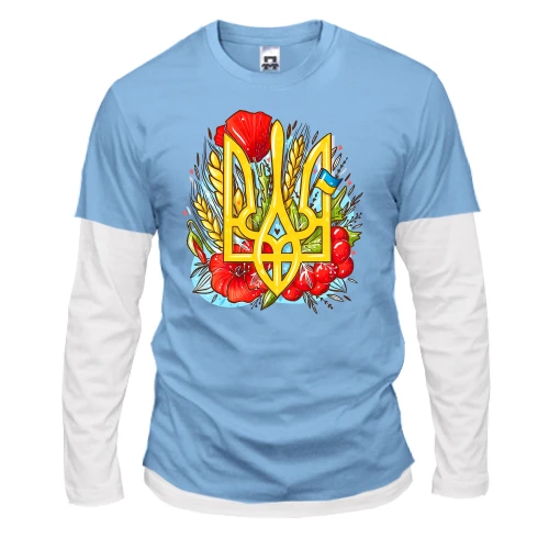 Чоловічий лонгслів Комбі, синій, з гербом України (маки та калина)