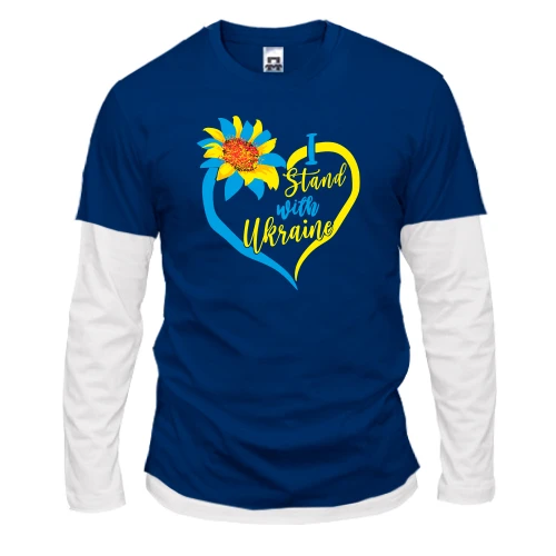 Чоловічий лонгслів Комбі, синій, I Stand with Ukraine із соняшником і серцем