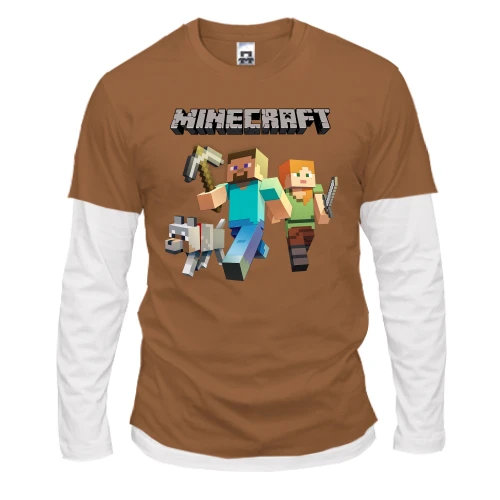 Мужской лонгслив Комби, синий, со Стивом, Алекс и волком из Minecraft