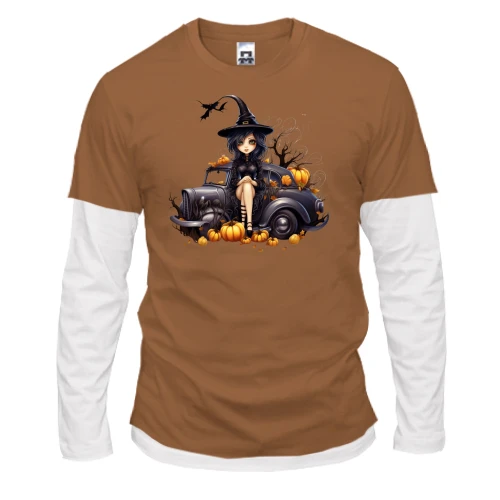 Чоловічий лонгслів з подвійним рукавом Halloween-Відьма на старій машині