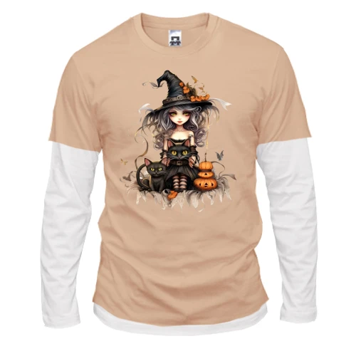 Чоловічий лонгслів з подвійним рукавом з Halloween-відьмою та котиком
