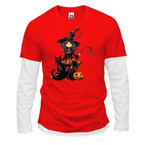 Чоловічий лонгслів з подвійним рукавом з Halloween-відьмою, котиком і усміхненим гарбузом