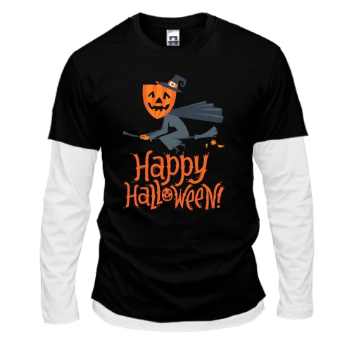 Чоловічий лонгслів з подвійним рукавом Halloween з відьмою на мітлі