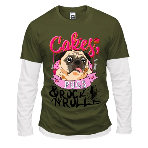 Мужской лонгслив Комби с мопсом и надписью «Cakes, Pugs & Rock`n`Roll»