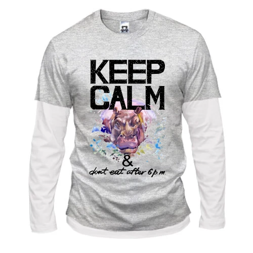 Чоловічий лонгслів Комбі, Сірий меланж, з бегемотом Keep calm & dont eat after 6 pm
