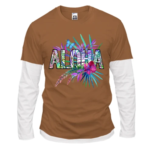 Мужской лонгслив с двойным рукавом с надписью ALOHA, гибискусом и бабочкой