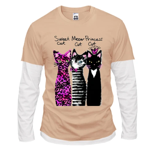 Мужской лонгслив Комби с тремя котами "sweet, princess, meow" (1)