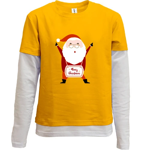 Комбинированный детский лонгслив, желтый, с весёлым Сантой "Merry Christmas"