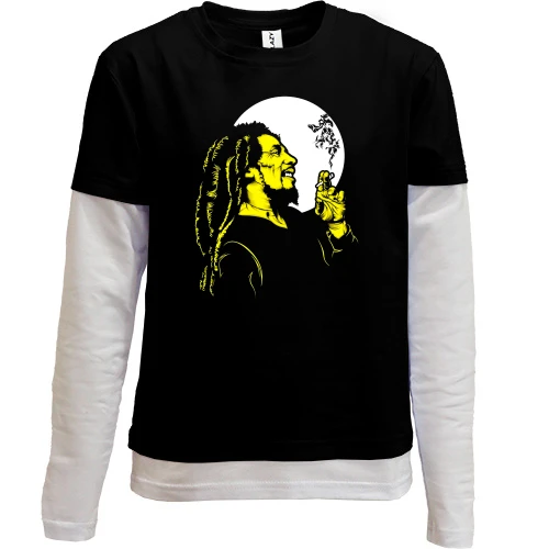 Комбинированный детский лонгслив, черный, Bob Marley на фоне луны
