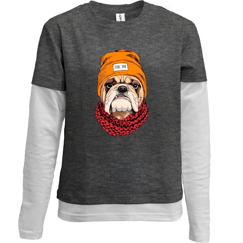 Комбинированный детский лонгслив, серый, с бульдогом (Cool dog)