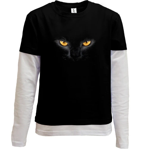 Комбинированный детский лонгслив с выразительными оранжевыми глазами кота