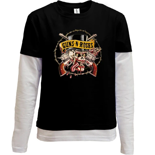 Комбинированный детский лонгслив, черный, Guns'n Roses (Череп)