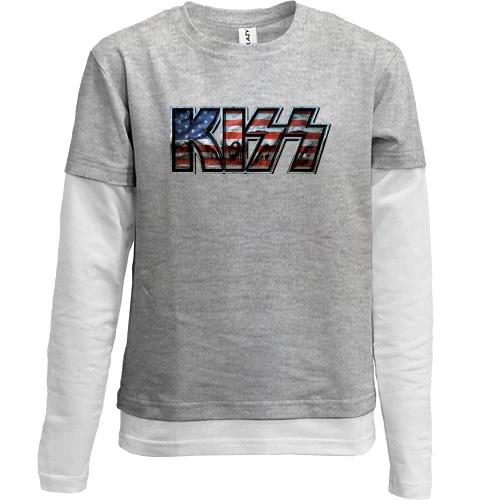 Комбинированный детский лонгслив, серый, KISS на американском флаге