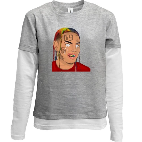 Комбинированный детский лонгслив, серый, с 6IX 9NINE с белыми глазами