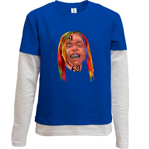 Комбинированный детский лонгслив, синий, с улыбающимся 6IX 9NINE