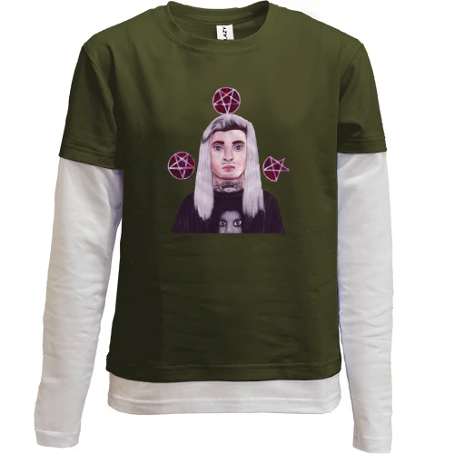 Комбинированный детский лонгслив, хаки, с Ghostemane и пентаграммами