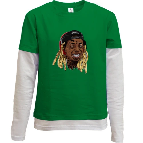 Комбинированный детский лонгслив, зеленый, с улыбающимся Lil Wayne